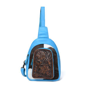 Hair-On Hand Tooled Blue Sling Bag