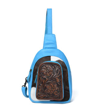 Hair-On Hand Tooled Blue Sling Bag